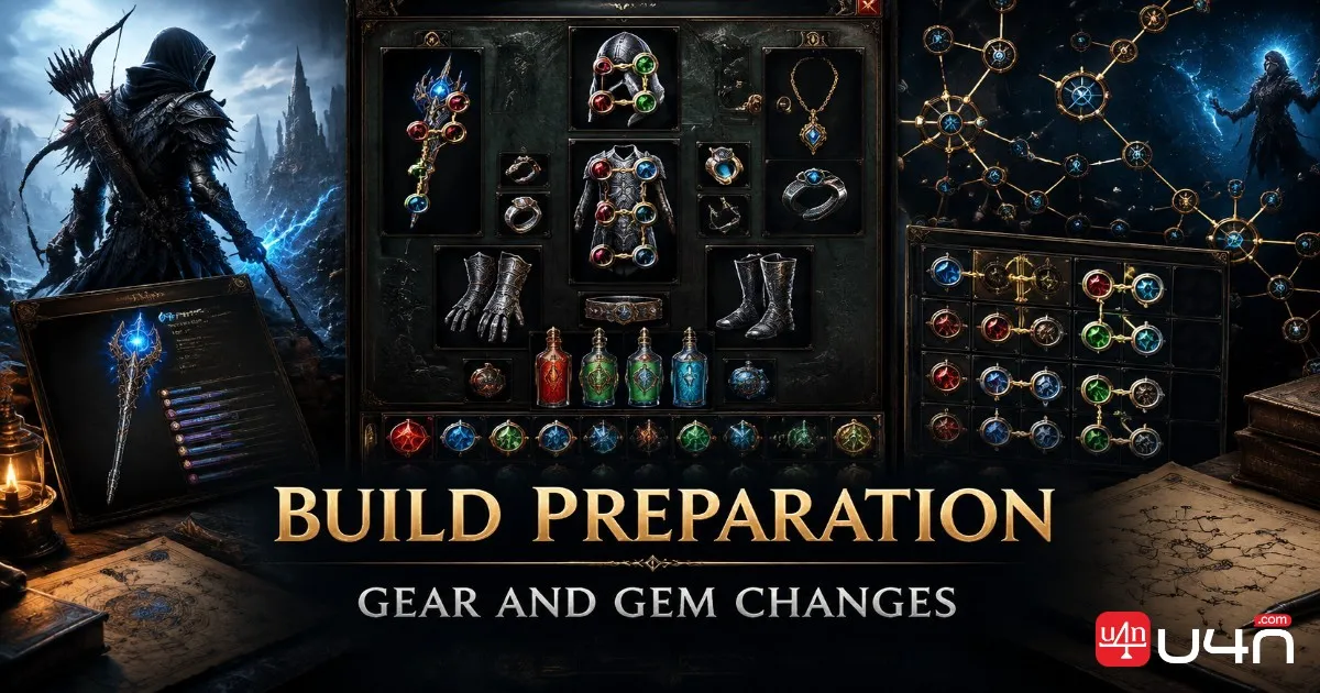 Path of Exile character equipment, weapons, armor, and skill gem interface