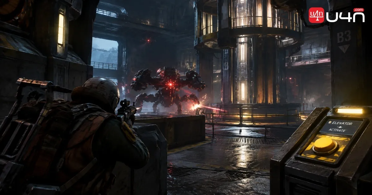 A Hydra turret and yellow puzzle buttons inside the Fallen Emperor in ARC Raiders