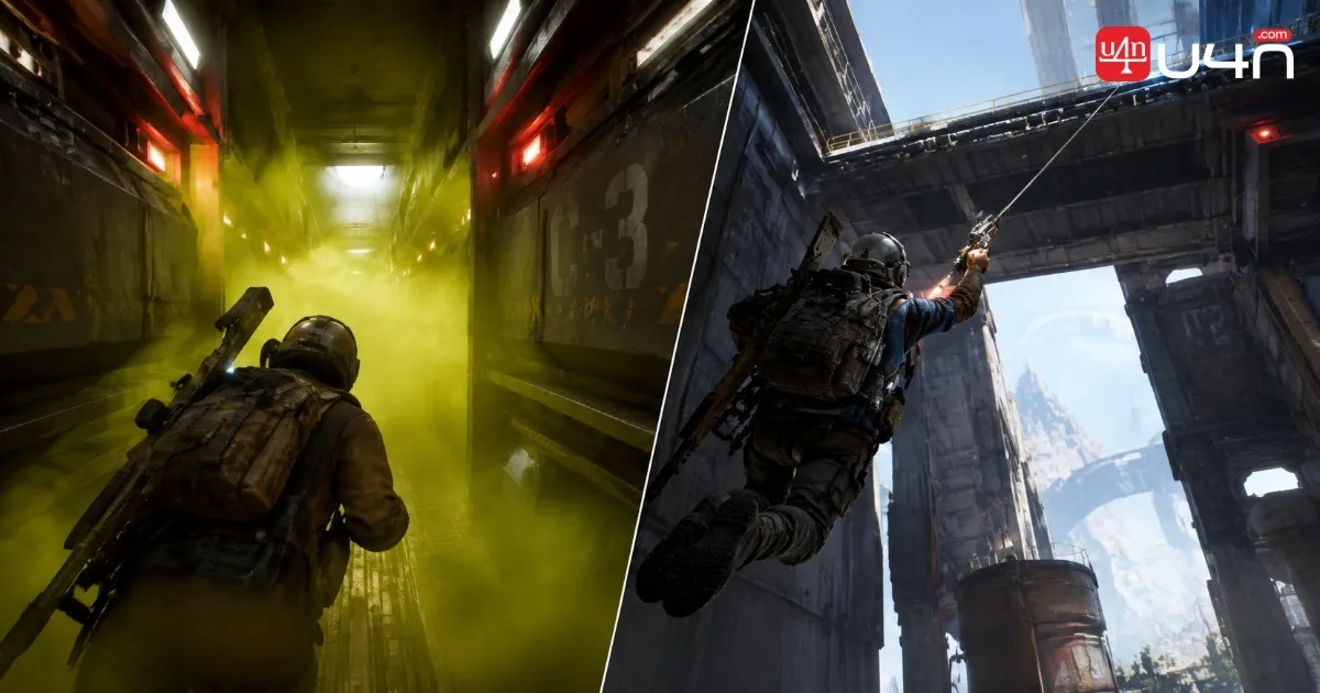 A Raider navigating the Fallen Emperor gas chamber and preparing to use a traversal tool in ARC Raiders