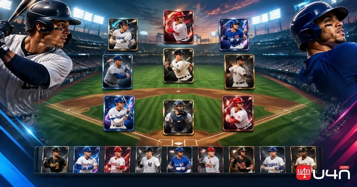 A Diamond Dynasty-style baseball lineup featuring a mix of pitcher and hitter cards