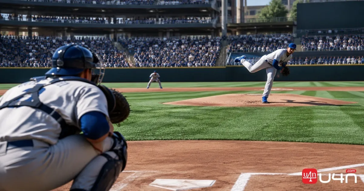 A baseball pitcher delivering a breaking pitch toward the catcher