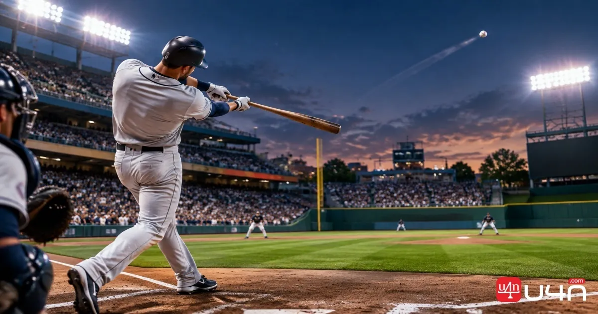 A baseball hitter making strong contact and sending the ball toward the outfield