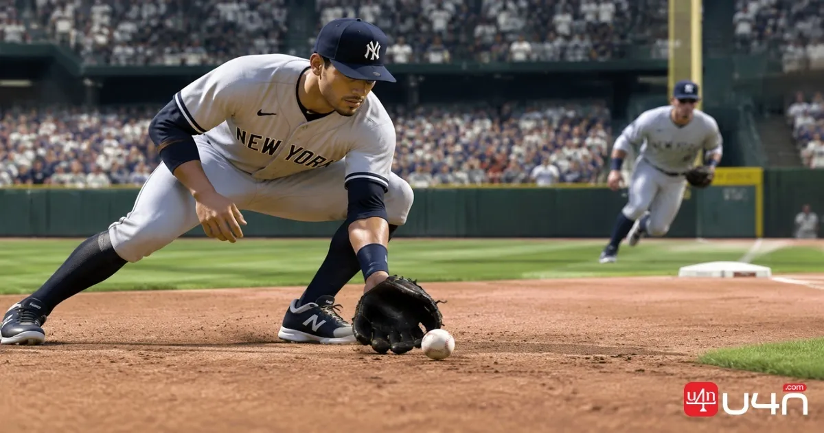 An infielder fielding a ground ball during a baseball game
