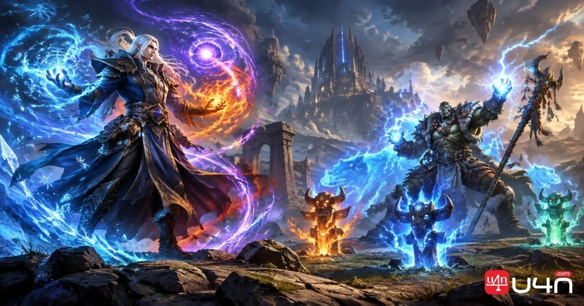 Fantasy MMORPG Mage and Shaman surrounded by elemental magic