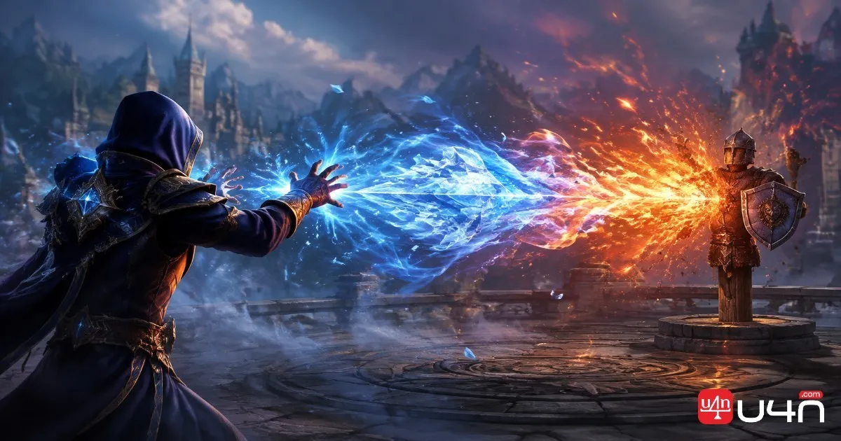 Mage casting a hybrid spell combining blue frost and orange fire