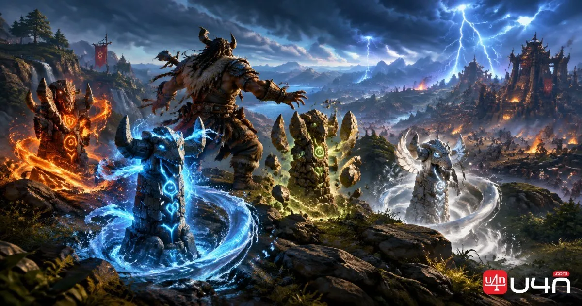 Shaman controlling elemental totems across a fantasy battlefield