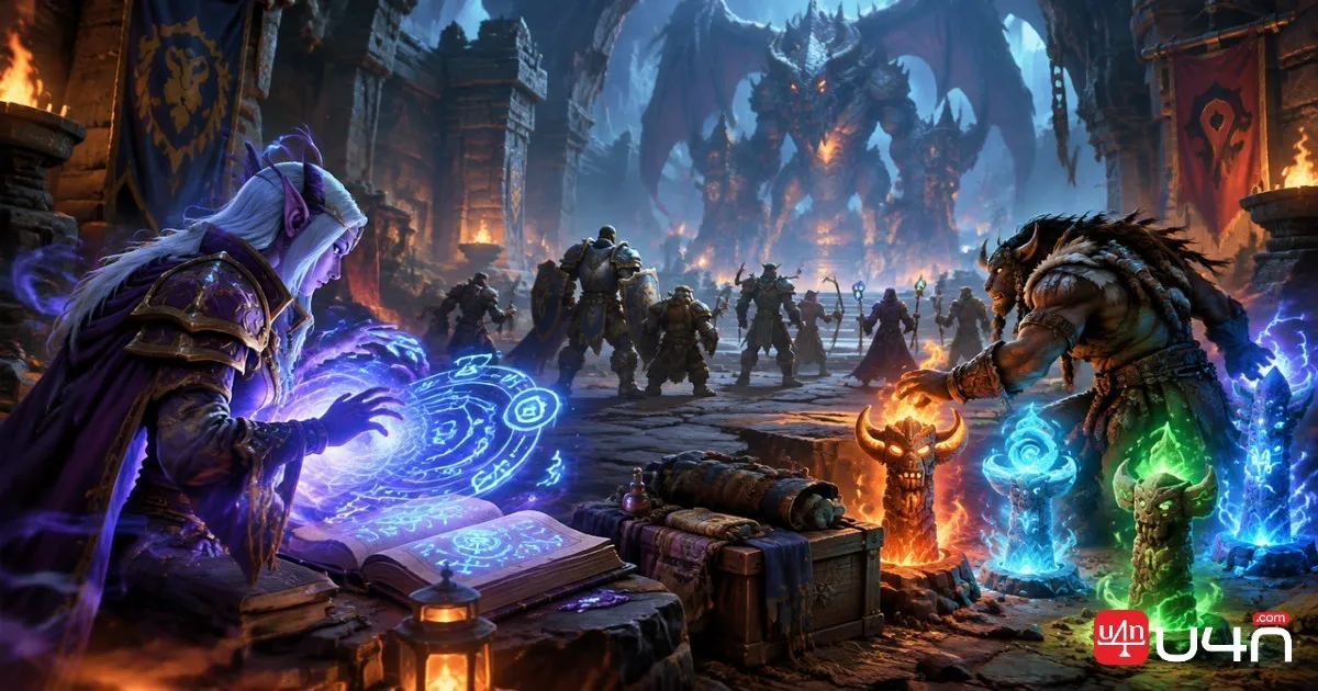 Shaman controlling elemental totems across a fantasy battlefield