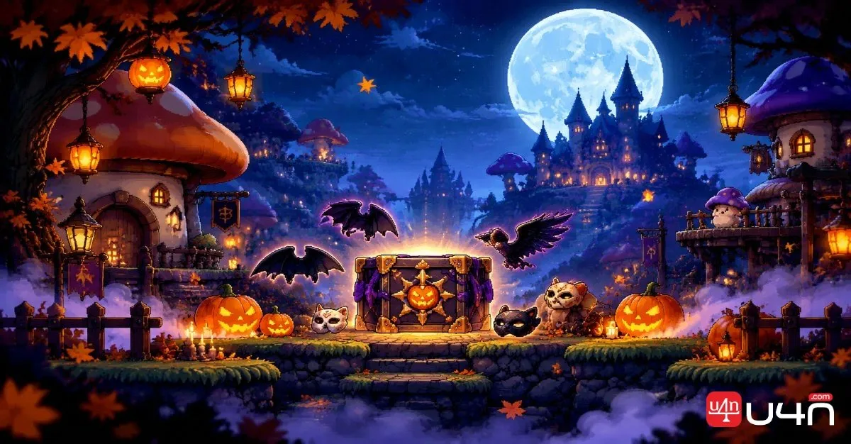 A mysterious Halloween fashion crate in a classic pixel-art mushroom town