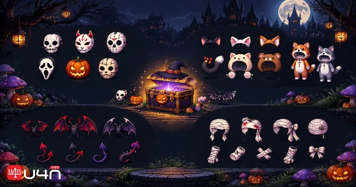 Speculative Halloween cosmetics featuring horror masks, animal accessories, dark wings, and bandages