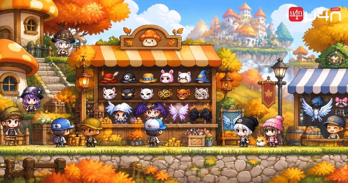 Players browsing cosmetic accessories at a retro pixel-art fantasy marketplace