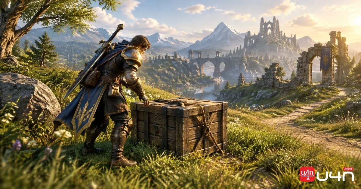 Fantasy MMORPG adventurer discovering a supply crate in a wilderness area