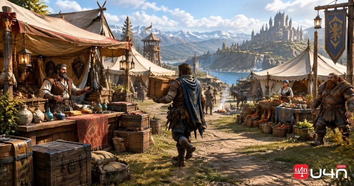 Fantasy MMORPG trade camp with merchants, tents, and an adventurer carrying a supply crate
