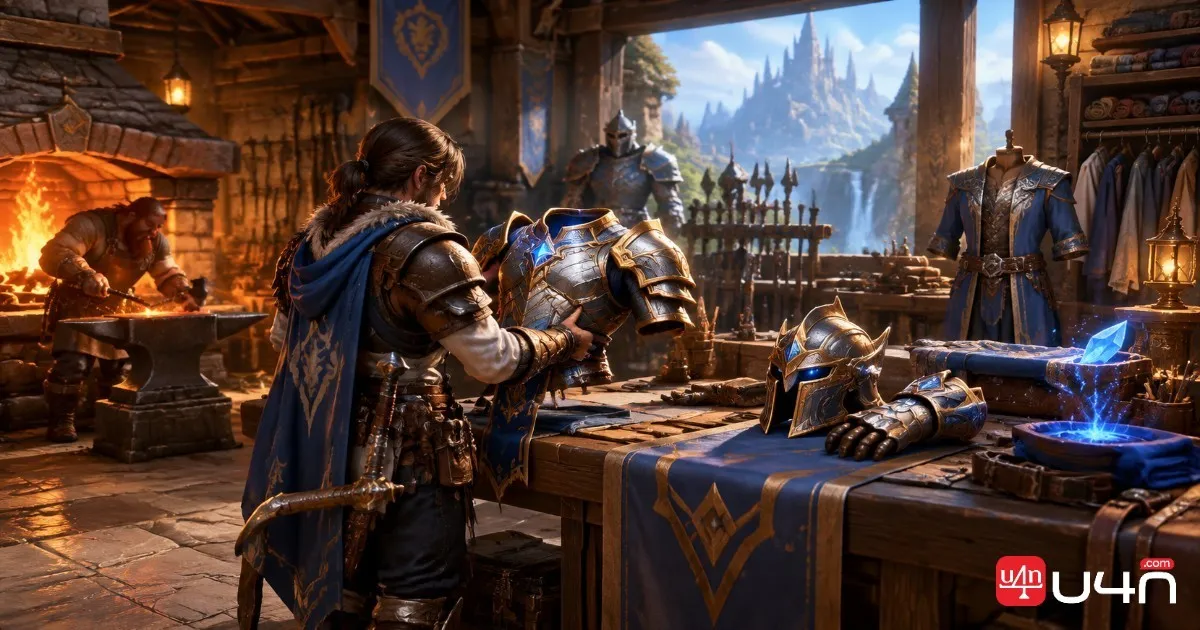 Fantasy MMORPG crafting workshop with profession tools and newly made equipment