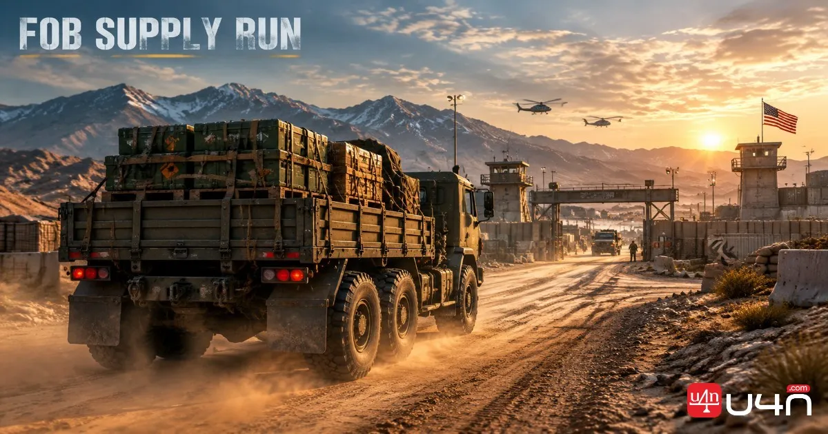 A U-Roll truck carrying supply pallets toward a forward operating base in WarDogs