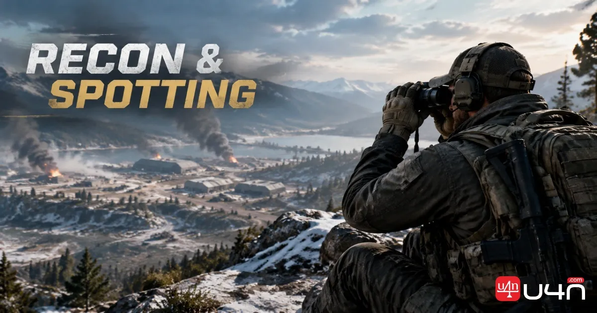 A WarDogs recon player using binoculars from an elevated position to spot enemy units