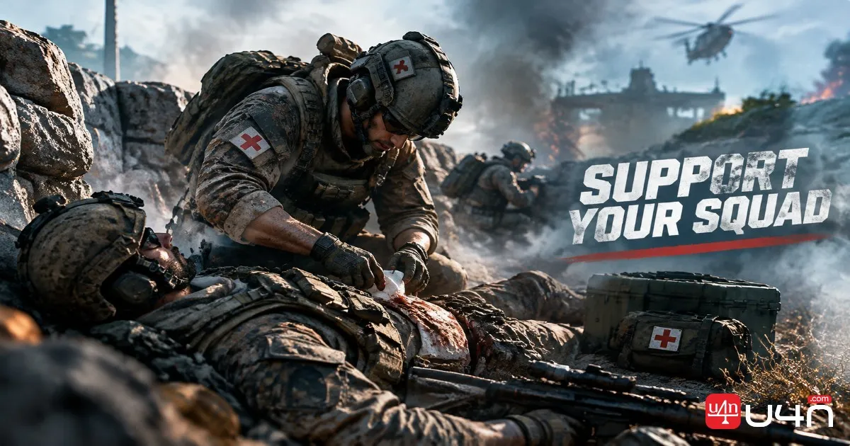 A WarDogs combat medic reviving a teammate near cover during a firefight