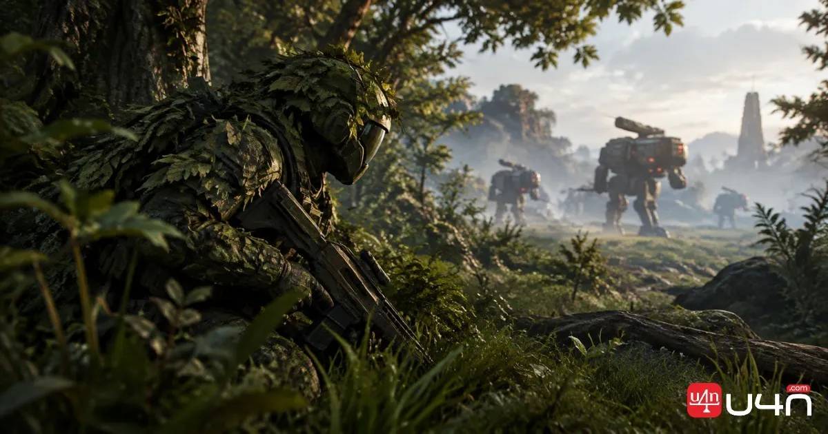 Ghillie suit camouflage concept for a Helldivers 2-style tactical soldier