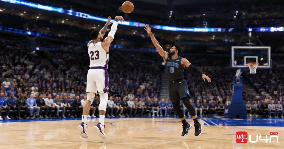 Basketball video game shooter releasing a jump shot while a defender attempts a properly positioned contest