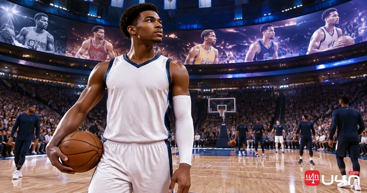 Basketball career mode scene featuring a professional player on a hardwood court in a modern arena