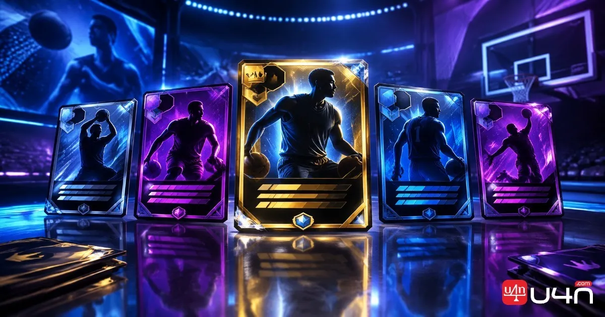 Fictional basketball collectible player cards displayed in a digital sports gaming interface