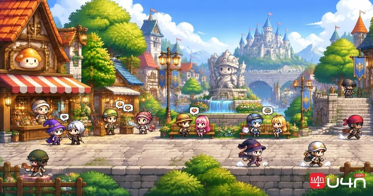 以經典像素風格呈現的 MMORPG 城鎮，展現健康玩家社群中的社交互動