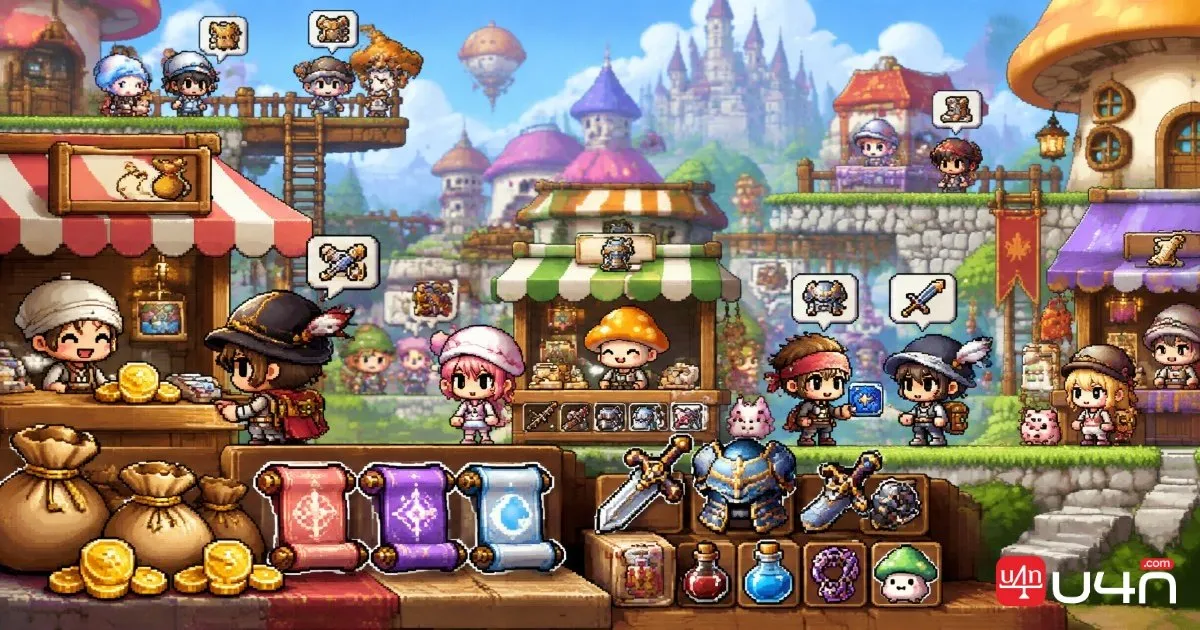 經典風格 MMORPG 市集，展示楓幣、裝備、卷軸與玩家交易