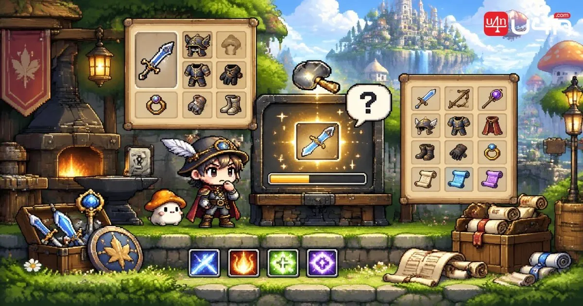 장비와 스킬 아이콘, 강화 주문서로 표현한 클래식 MMORPG 캐릭터 성장