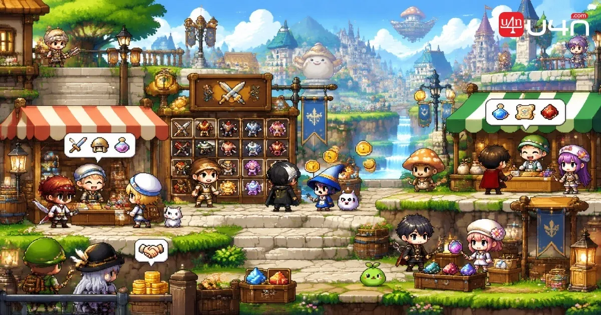 유저들이 장비와 게임 내 재화를 거래하는 클래식 픽셀 아트 MMORPG 시장