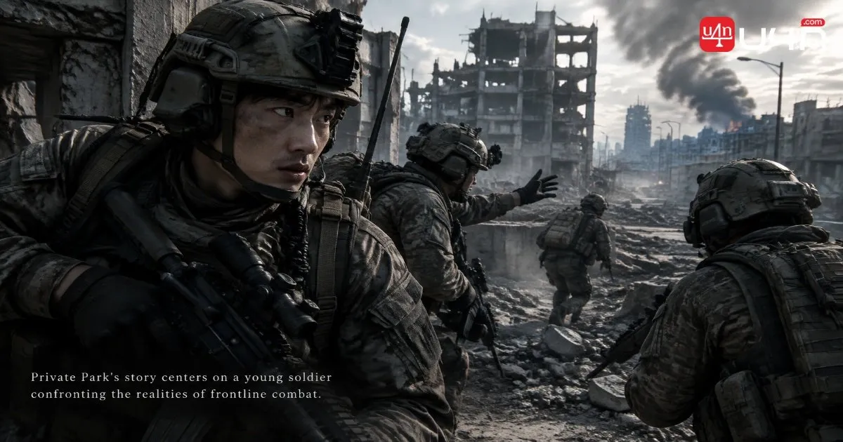 A young South Korean soldier and his squad moving through a damaged urban battlefield