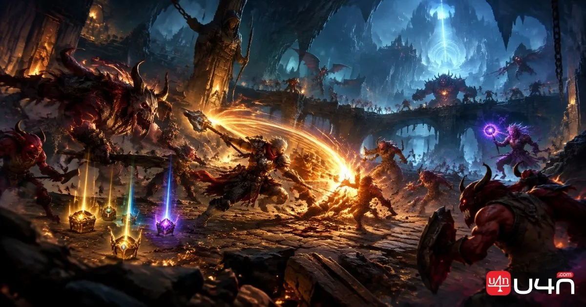 Torchlight Infinite starter character fighting through an enemy-filled dungeon