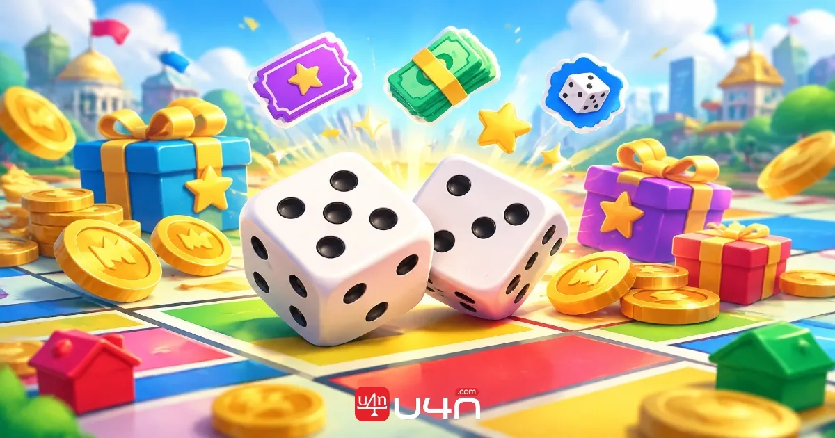 Monopoly GO dice, colorful game board, and reward items illustrating dice management