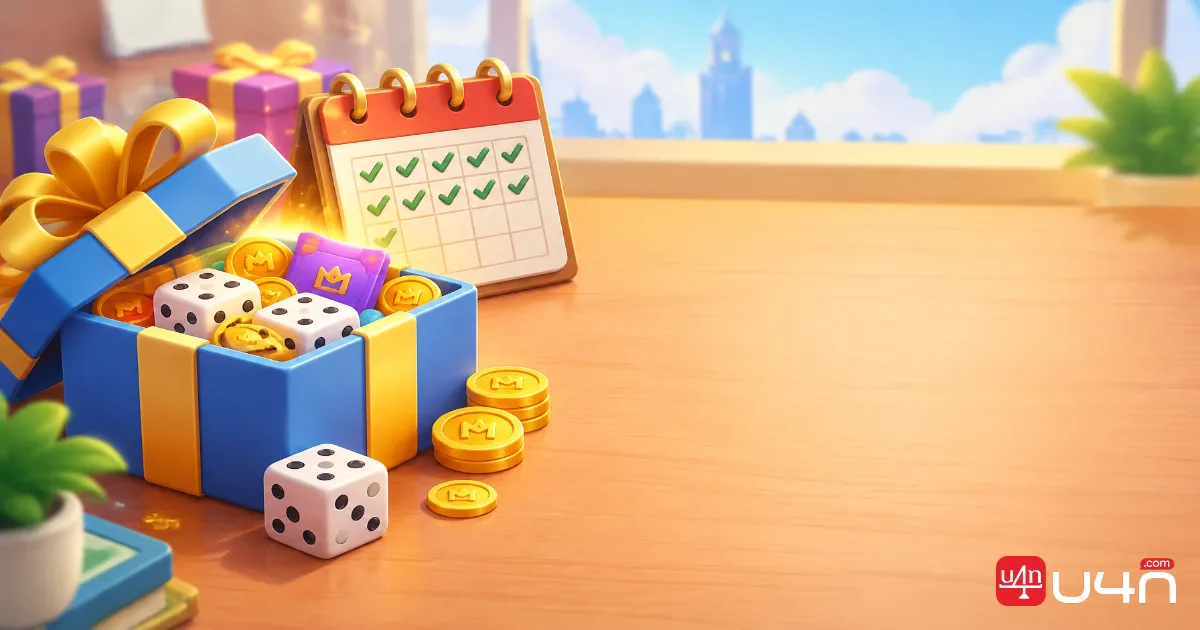 Colorful board game reward gifts and dice representing daily free rewards in Monopoly GO