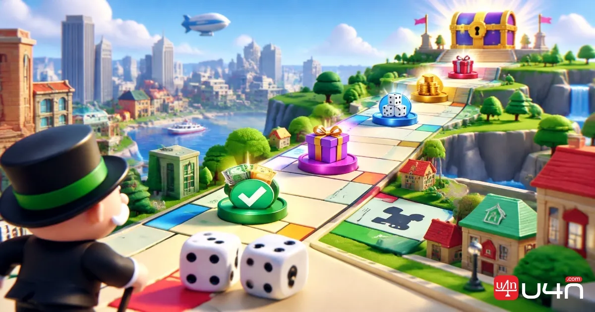 Board game event progress path with milestone markers, dice, and a reward chest