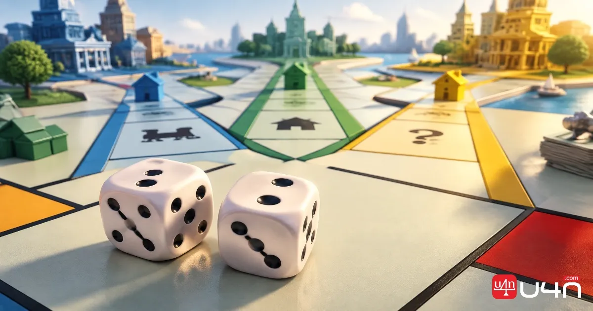 Two dice on a colorful board game path illustrating multiplier choices and strategic rolling