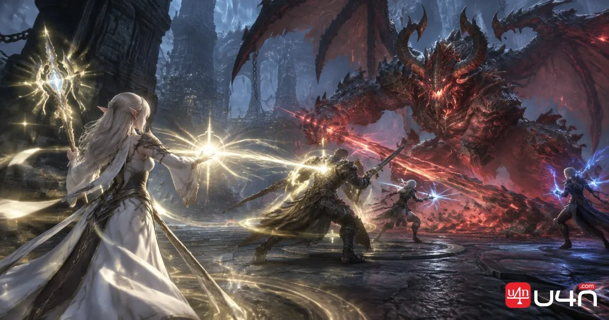 Ein Kleriker in Aion 2 heilt Gruppenmitglieder während eines gefährlichen Kampfes im Dungeon