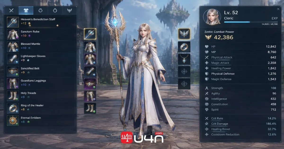 Aion 2 Cleric equipment, character stats, and progression interface
