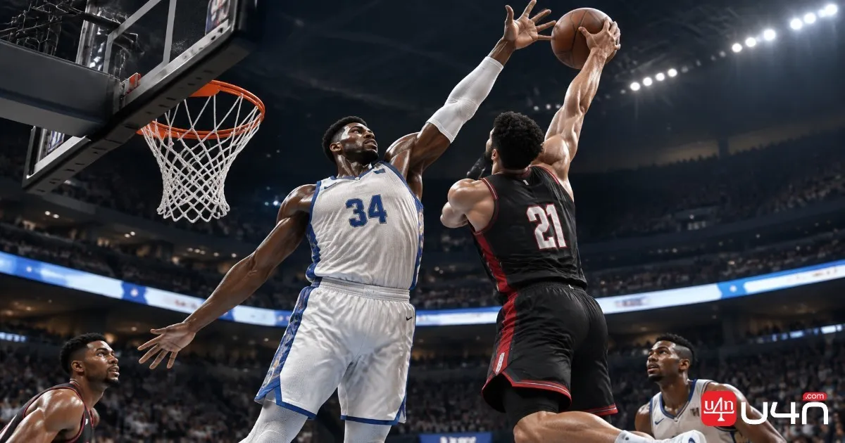 Tall basketball center defending the rim during a basketball video game match
