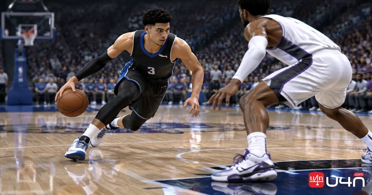 Basketball video game guard using a crossover dribble against a defender
