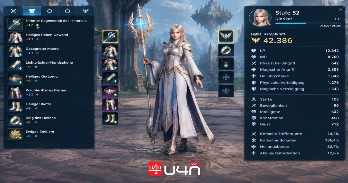 Ausrüstung, Charakterwerte und Fortschrittsmenü eines Klerikers in Aion 2