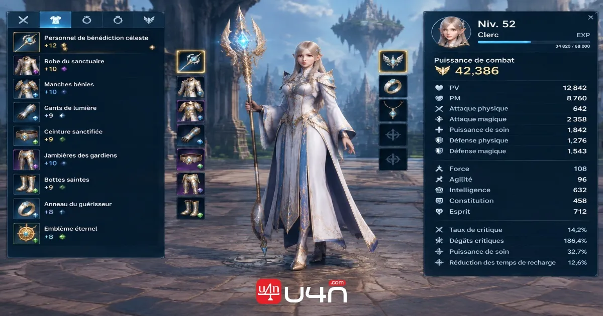 Interface d’équipement, de statistiques et de progression d’un Clerc dans Aion 2