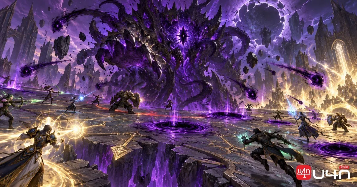 Raid group standing inside a protective area during the Suffocating Darkness phase