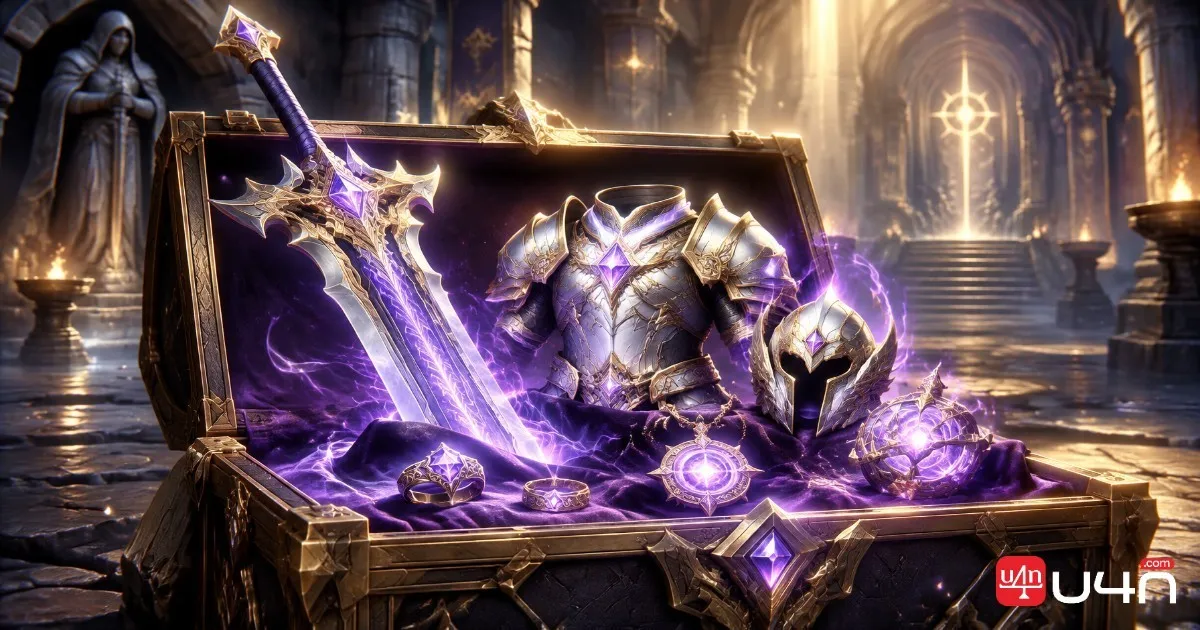 Fantasy raid rewards including weapons, armor, and accessories