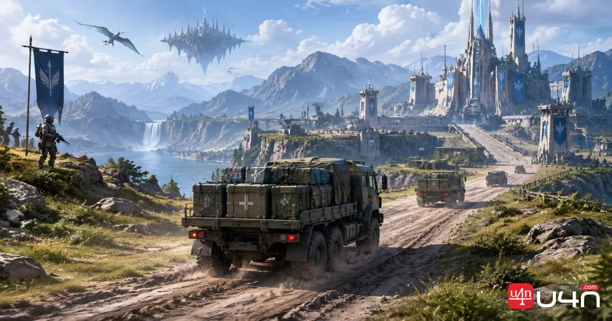 A ground transport vehicle carrying supply crates toward a friendly Forward Operating Base in WARDOGS