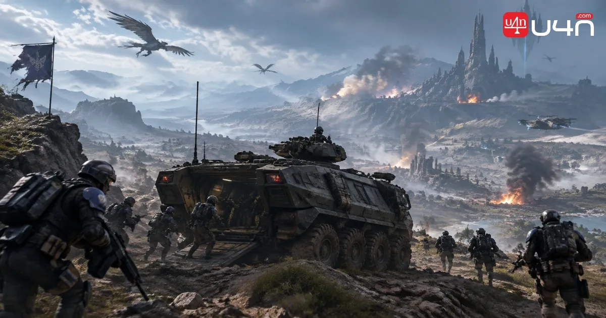 An armored personnel carrier positioned near the frontline to support squad deployment in WARDOGS
