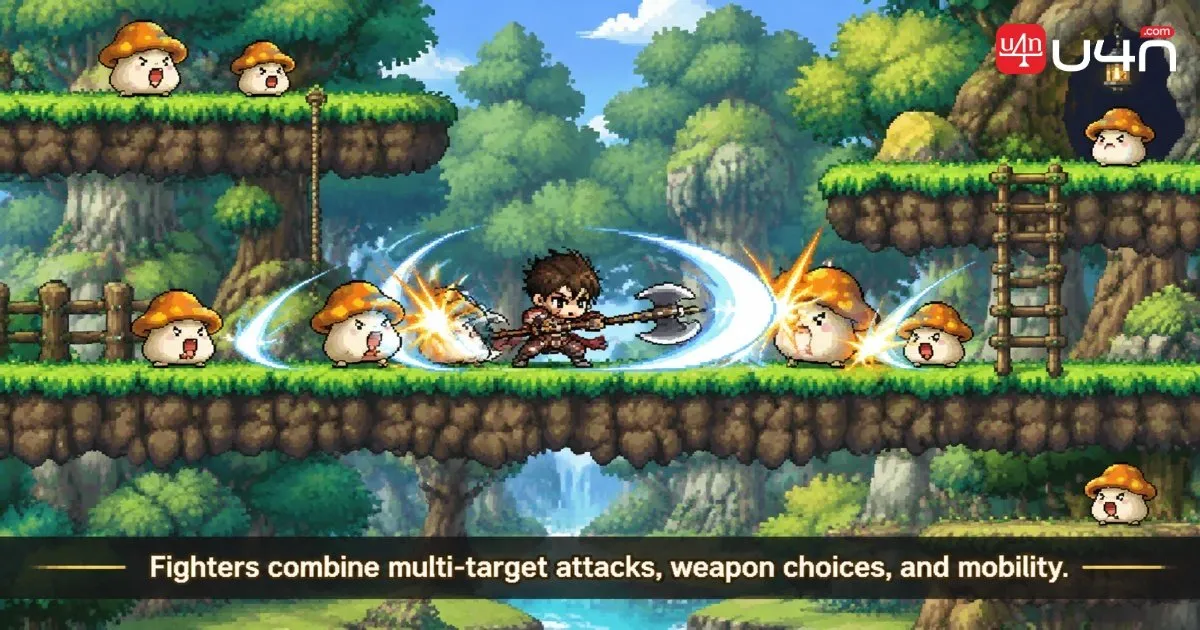 MapleStory Classic World Fighter using close-range attacks against multiple monsters