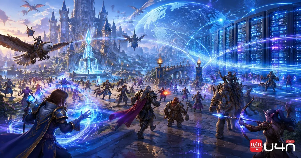 Ciudad de MMORPG concurrida que refleja la carga de usuarios en servidores multijugador