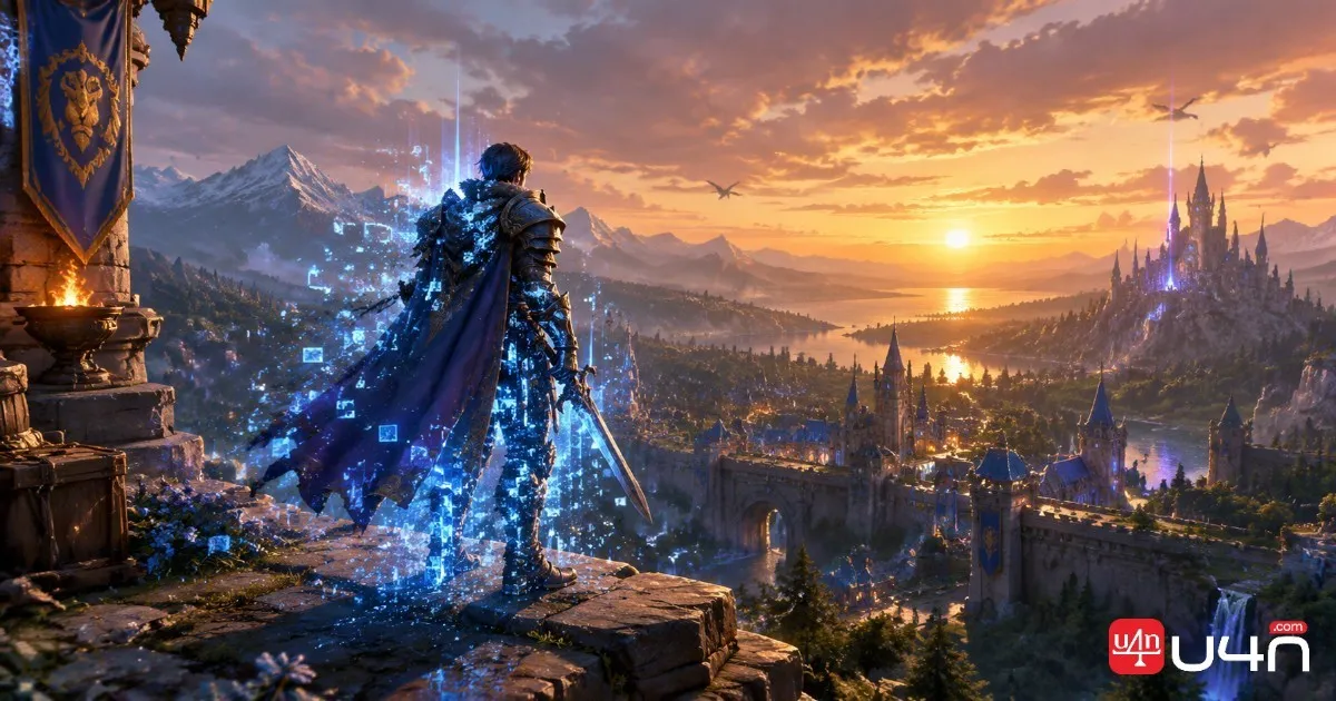 Aventurero de MMORPG contemplando un vasto mundo antes del lanzamiento