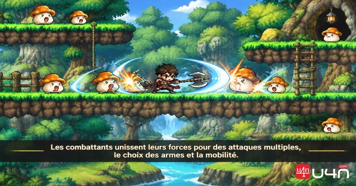 Fighter de MapleStory Classic World utilisant des attaques au corps à corps contre plusieurs monstres