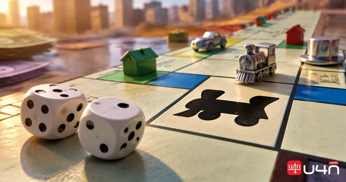 Close-up of dice and a Railroad tile on a colorful mobile board game