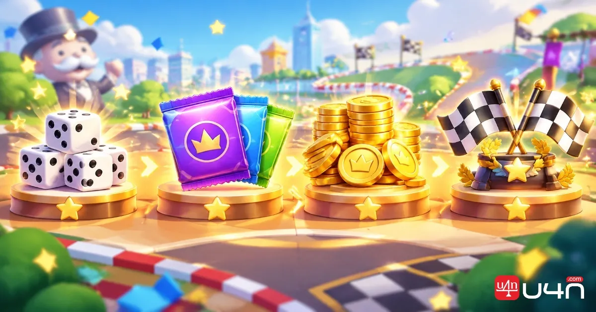 Colorful board game milestone rewards featuring dice, sticker packs, cash, and racing flags